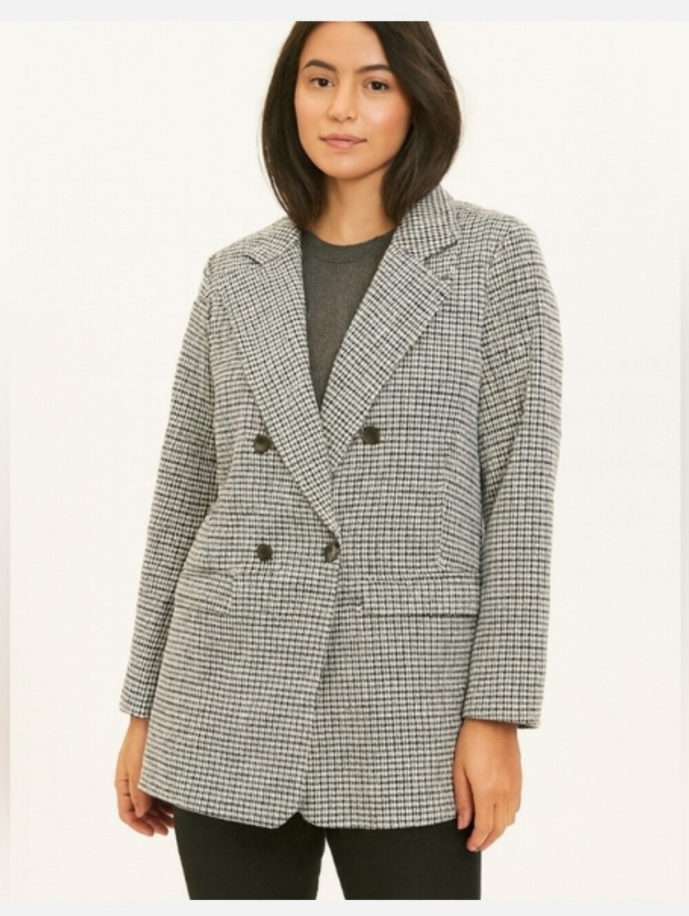 Classic Houndstooth Double-Breasted Women's Blazer-Black & White S/Fits Up To M.